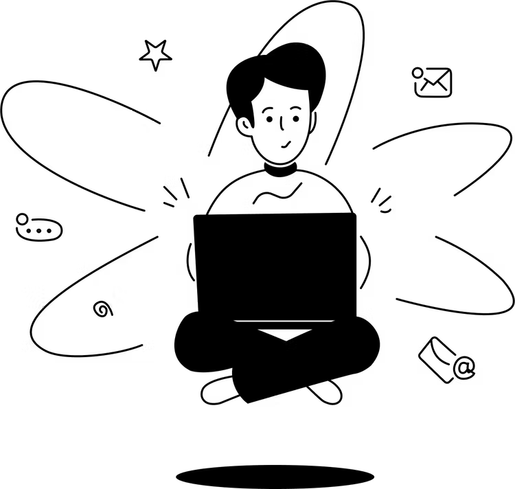 Black-and-white illustration of a person working on a laptop